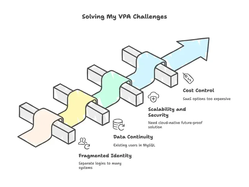 Diagram showing my-vpa's fragmented identity systems and high SaaS IAM costs before Perfsys implementation.