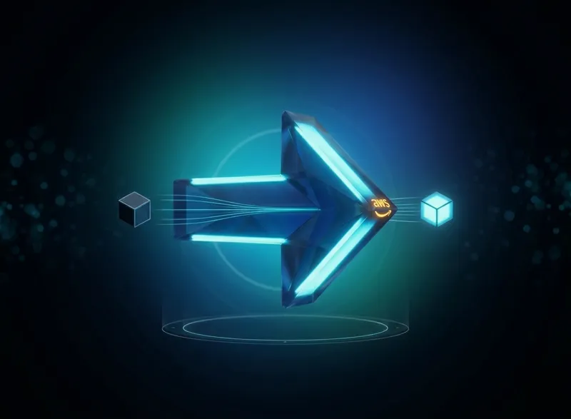 AWS database migration visualized as data flowing through an AWS-branded arrow from source to target on a dark background
