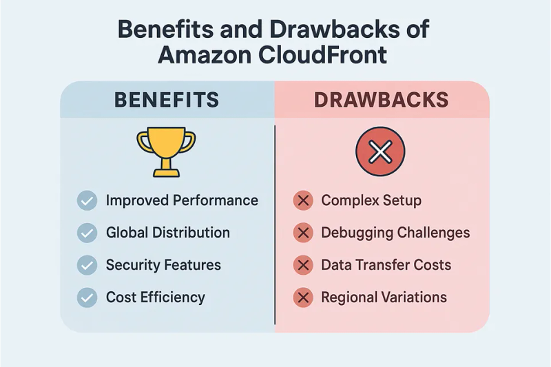 Comparison table showing benefits and drawbacks of Amazon CloudFront.