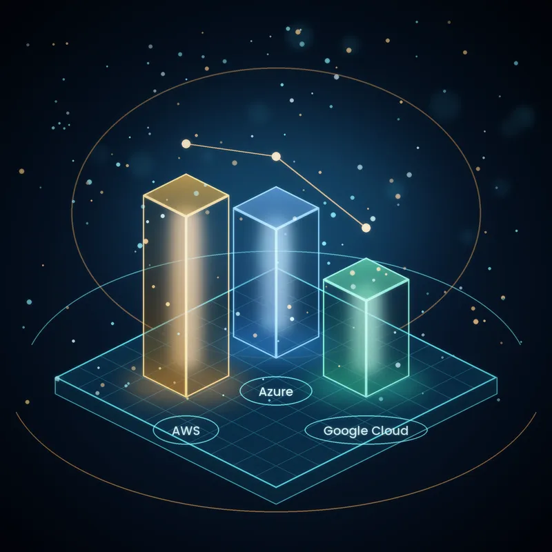 AWS vs Azure vs GCP comparison: three glass pillars on a dark navy platform, with heights matching Q2 2026 cloud market share