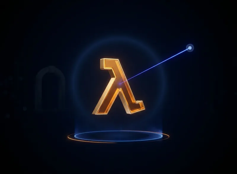 AWS Lambda URL – 3D golden Lambda symbol with blue laser beam on dark background