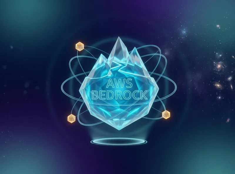 What is AWS Bedrock — Amazon's managed AI platform visualized as a glowing crystal with orbital rings on a cosmic background