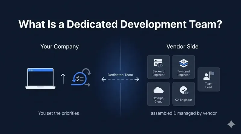 Diagram explaining what a dedicated development team is: client sets priorities, vendor assembles and manages backend engineers, frontend engineers, DevOps, QA, and team lead
