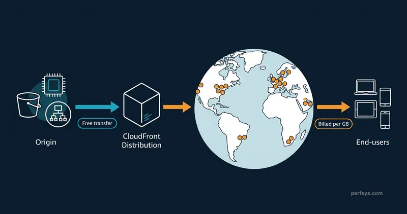 Amazon CloudFront CDN architecture — origin transfers to CloudFront distribution for free, then content is billed per GB to end users