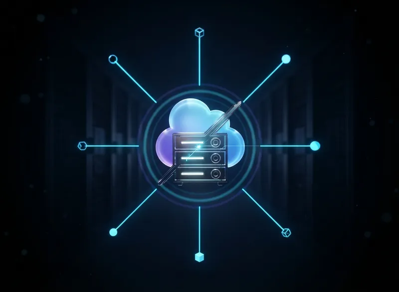 Serverless computing on AWS visualized as a glowing hexagonal node linking distributed cloud services above the AWS logo