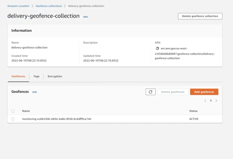 Amazon Location console screenshot