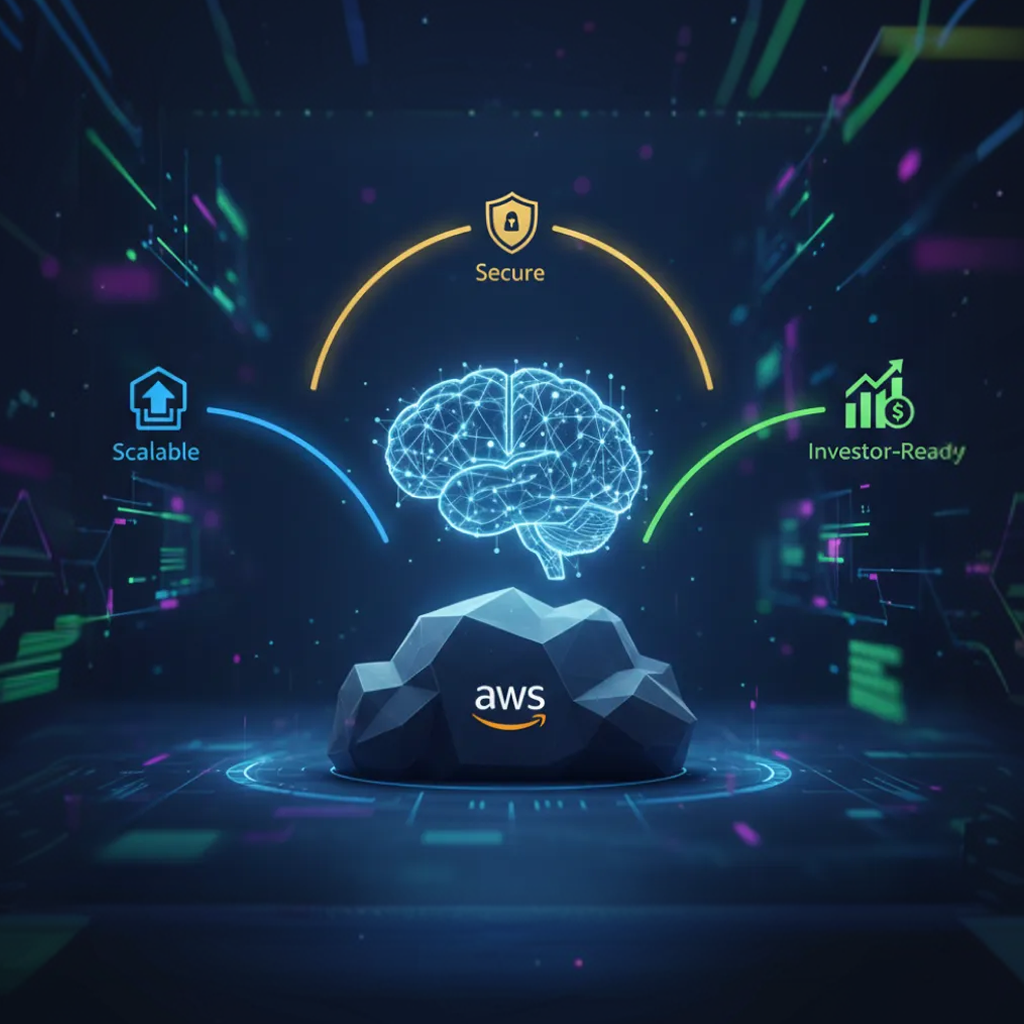Holographic AI brain rising from an AWS cloud, surrounded by icons representing scalable, secure, and investor-ready solutions for startups