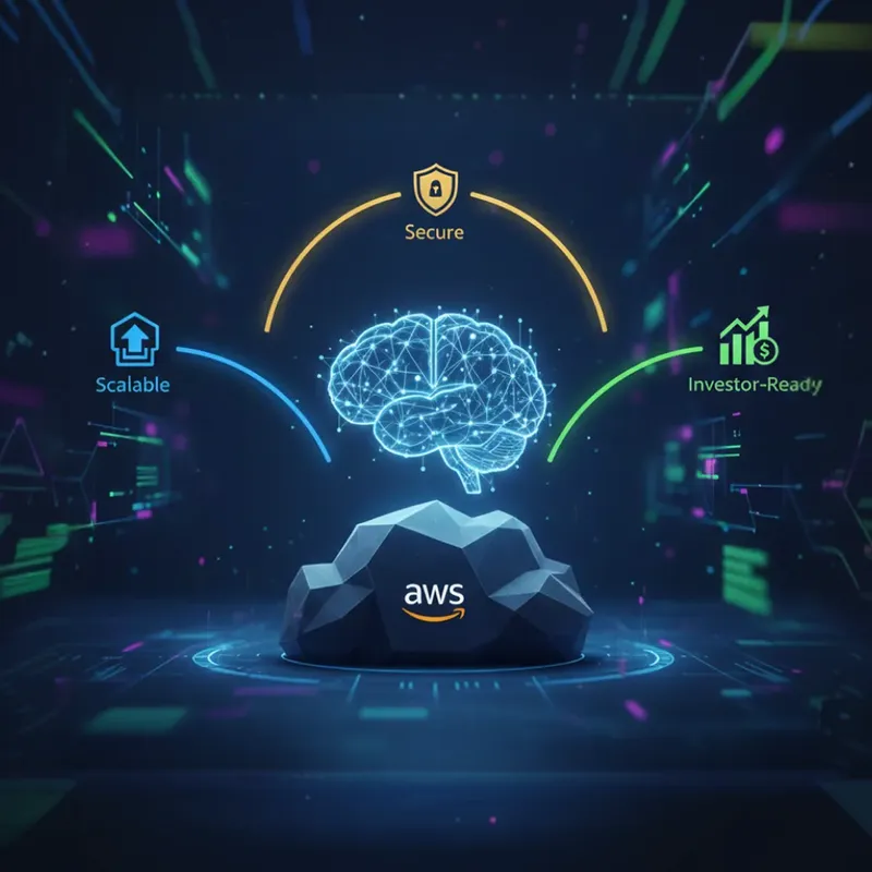 Holographic AI brain rising from an AWS cloud, surrounded by icons representing scalable, secure, and investor-ready solutions for startups