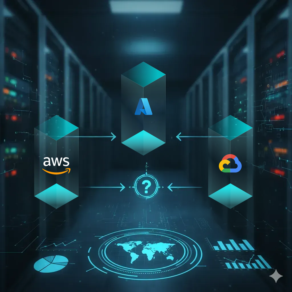 AWS vs Azure vs GCP comparison — three cloud platforms illustrated in a data center environment with analytics dashboards