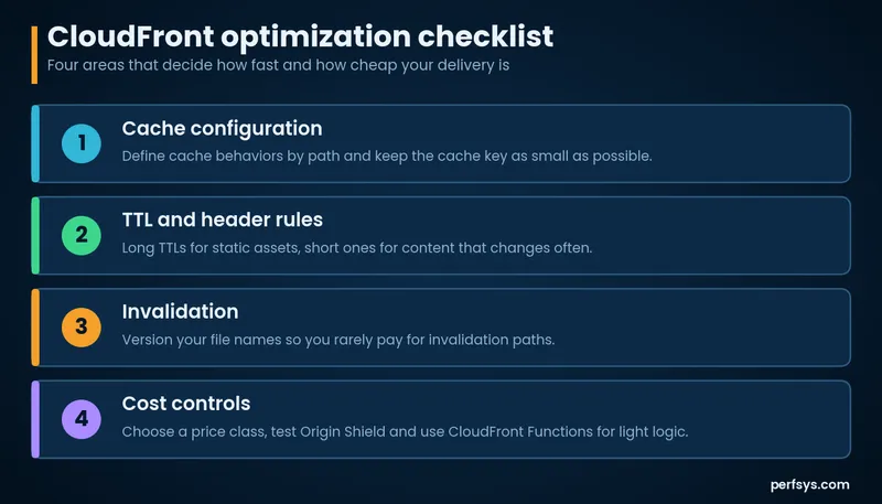 CloudFront optimization checklist: cache configuration, TTL and header rules, invalidation and cost controls