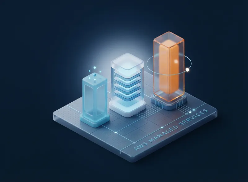 AWS managed services comparison illustration showing three isometric glass pillars of different heights, with the tallest orange pillar connected to the infrastructure grid