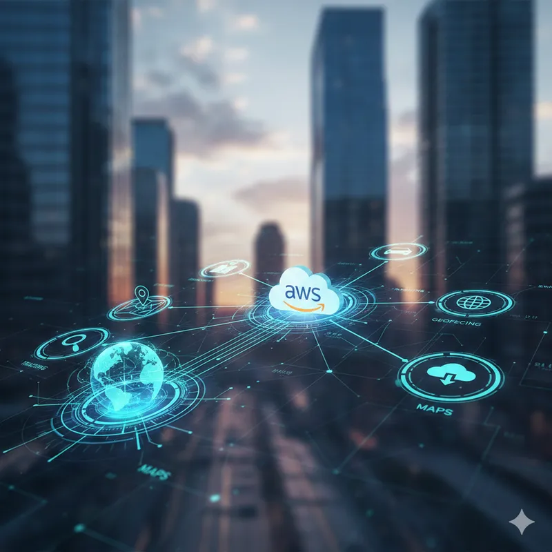 Amazon Location Service concept showing AWS cloud linked to maps, geofencing, and tracking icons over a futuristic city skyline