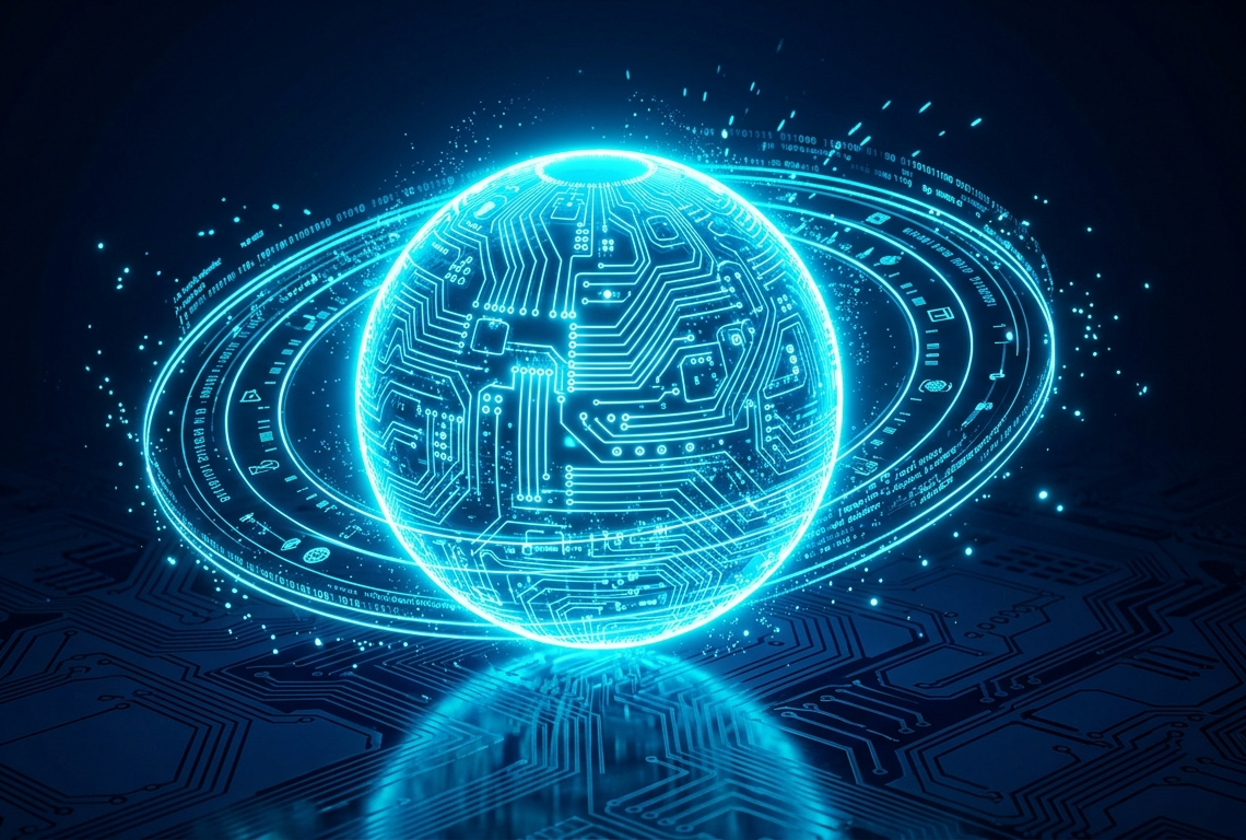 A holographic globe with circuit board patterns and orbital data rings streaming binary code, symbolizing how a content delivery network routes and distributes web content to users across multiple global server locations.
