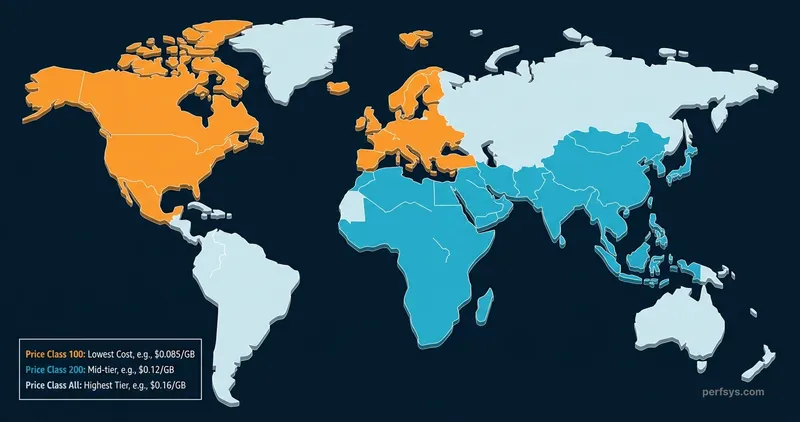 CloudFront Price Class coverage map — Price Class 100 (orange) covers US and Europe at $0.085/GB, Price Class 200 (blue) adds Asia-Pacific and Africa, Price Class All includes all remaining regions