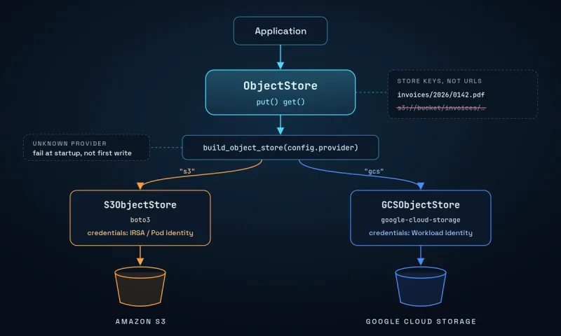 Application writing through a two-method ObjectStore interface, with a config-selected S3 or Google Cloud Storage implementation behind it