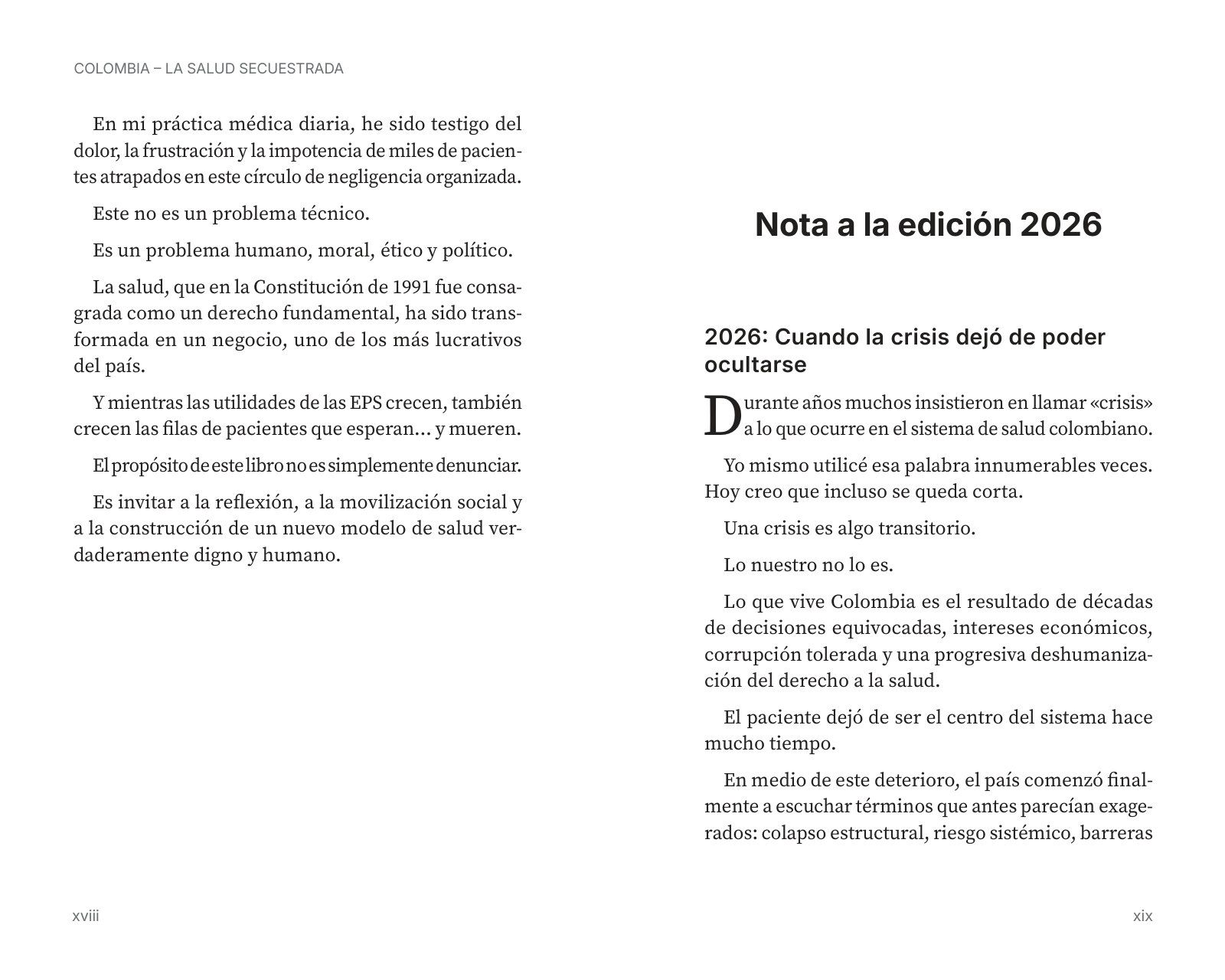 Páginas 18 y 19 de «La salud secuestrada»: apertura de capítulo