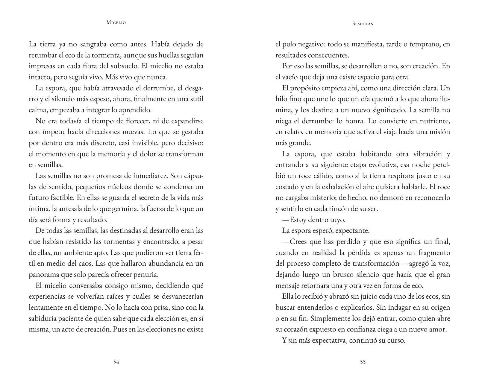 Páginas 72 y 73 de «Micelio»: texto corrido
