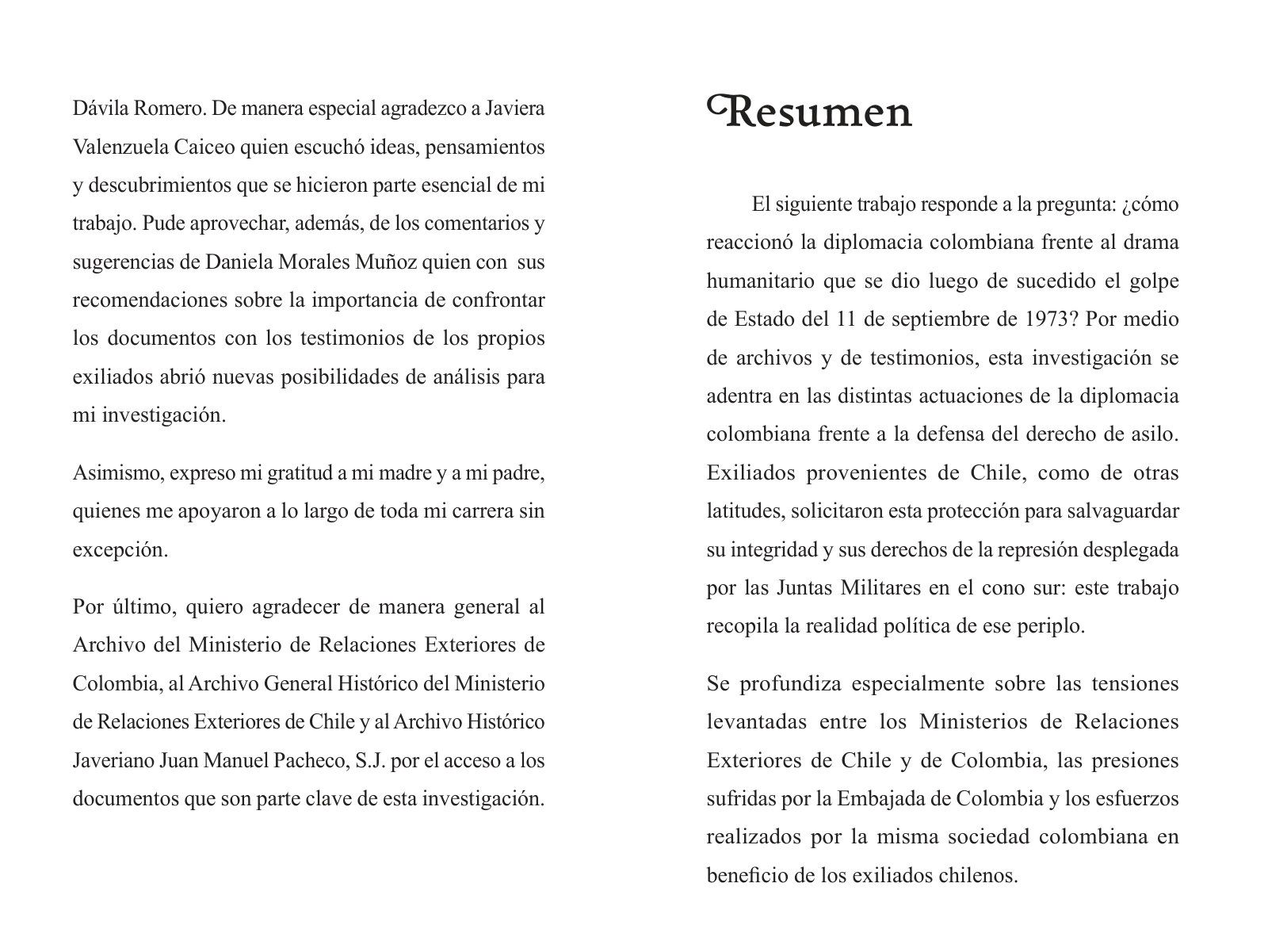 Páginas 12 y 13 de «En busca de una salida: la diplomacia colombiana frente al exilio chileno (1973-1979)»: apertura de capítulo
