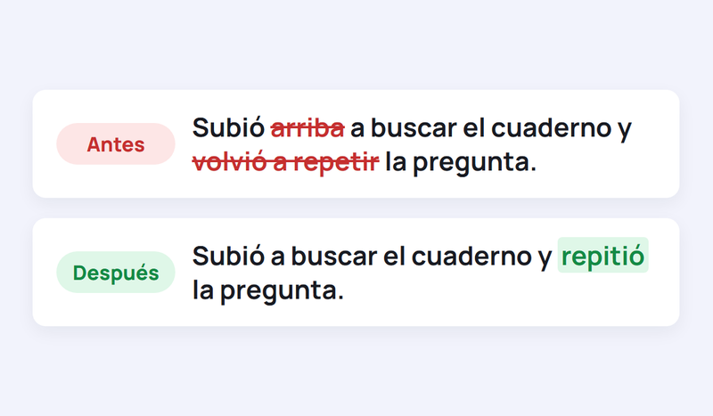 Ejemplo de corrección de estilo: «Subió arriba a buscar el cuaderno y volvió a repetir la pregunta» queda en «Subió a buscar el cuaderno y repitió la pregunta»