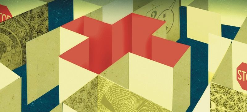 Illustration of a maze depicting money, stop signs and abstract symbols