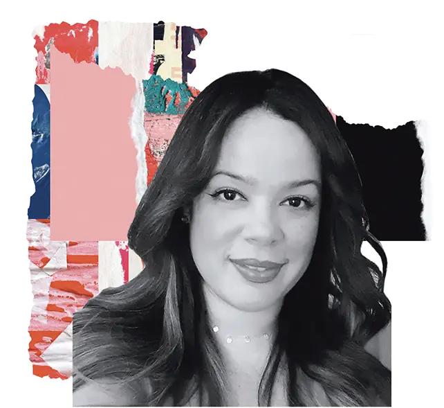 A black-and-white cutout of Mayteé Ramos, a Hispanic woman, smiling at the camera with a colorful, patterned background