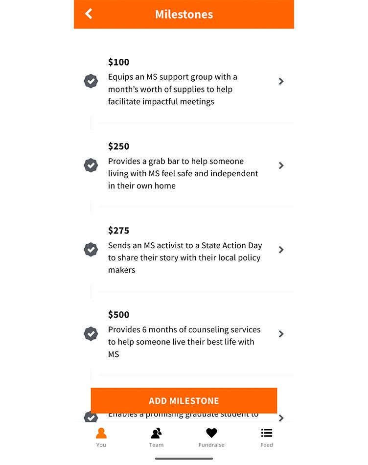 A screen in the DonorDrive app titled “Milestones.”
