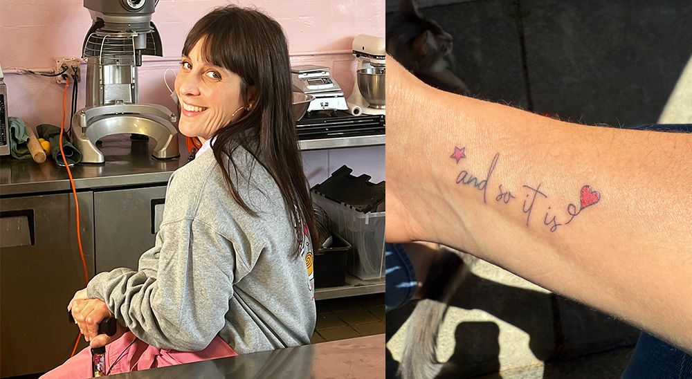 Left: A woman kits in a kitchen holding a cane. Right: A tattoo that reads "and so it is."