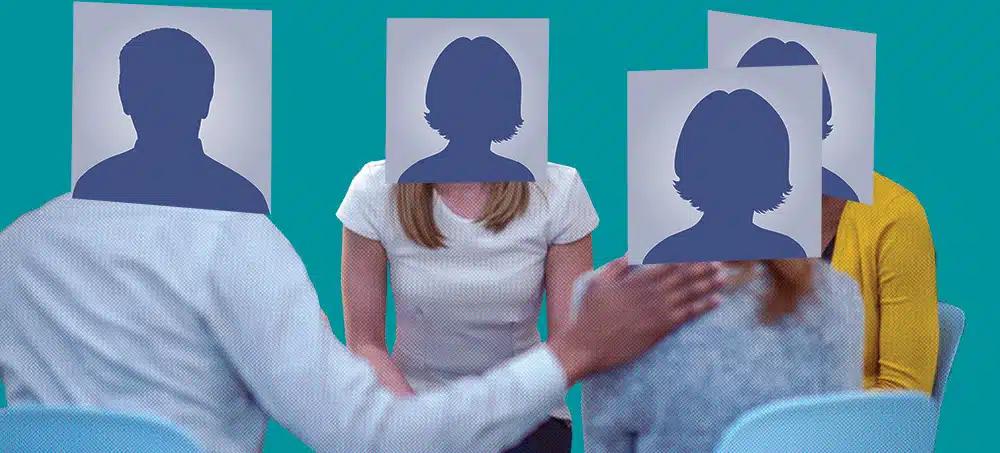 Four people sit in a circle of chairs. Their faces are covered by Facebook profile avatars.