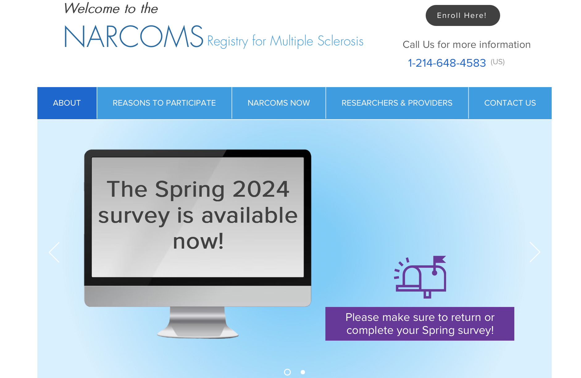 A screenshot of the NARCOMS homepage.