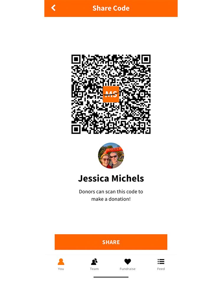 A screen in the DonorDrive app titled “Share Code.”
