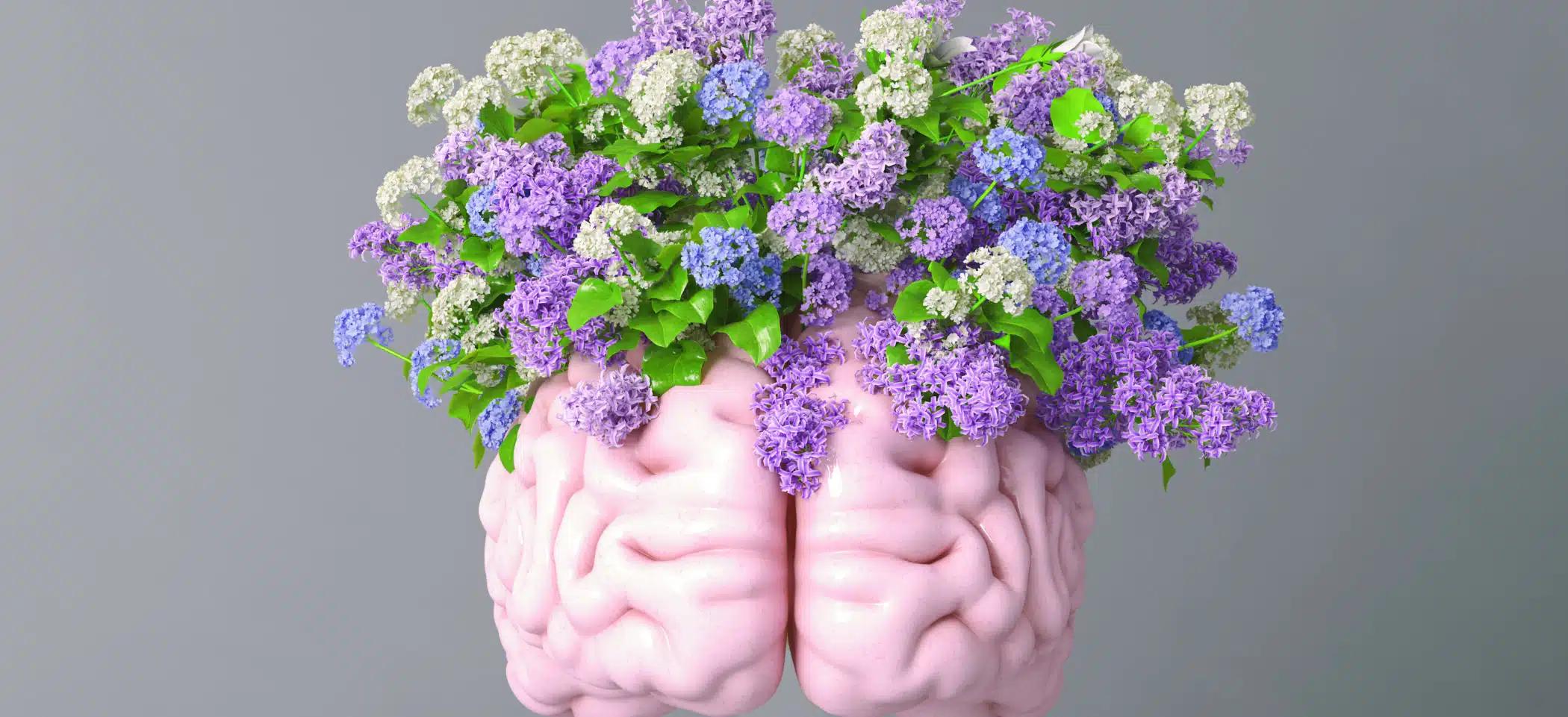 Mental health concept with brain and flowers.