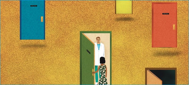An illustration of colorful, floating doors - a woman opens one to find a doctor behind it
