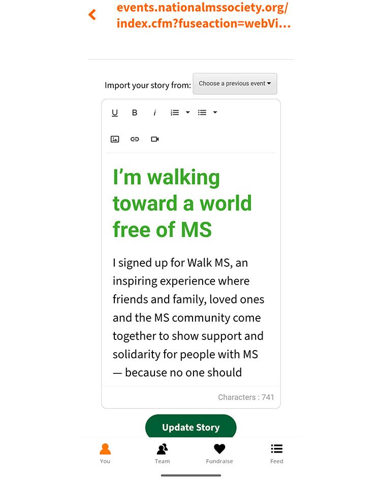A screenshot of the DonorDrive app showing content from a personal page.