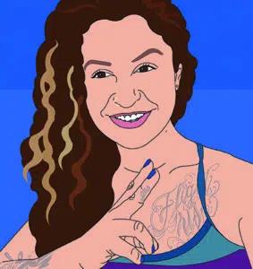 An illustration of a woman with curly hair and tattoos making a peace sign with her hand.