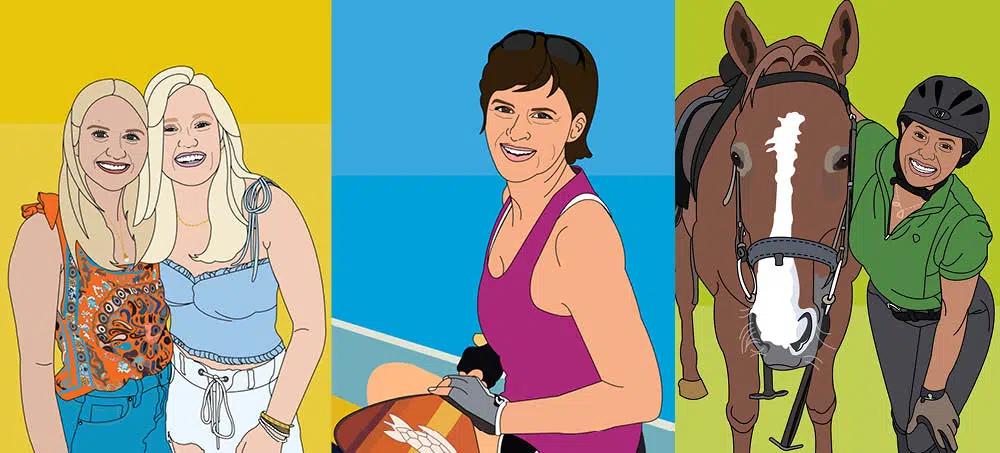 A collage of three colorful, line-drawn illustrations of women enjoying different activities.