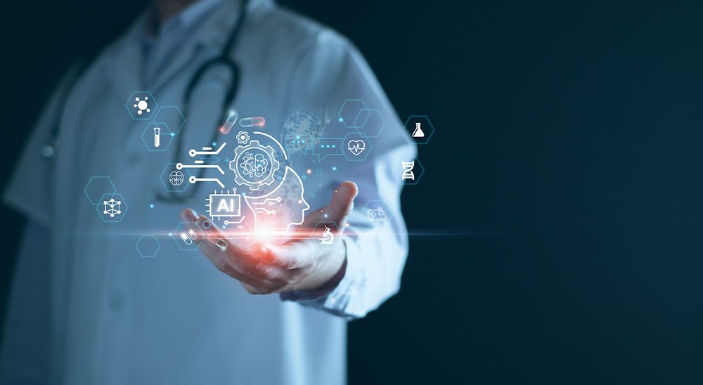 Icons depicting artificial intelligence and healthcare hover above the outstretched hand of a doctor.