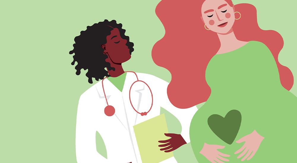 Illustration of a woman with a white coat and a stethoscope around her neck and a pregnant woman with her hands on her abdomen, below a heart.