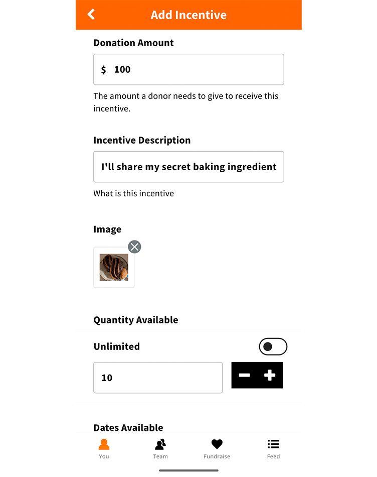 A screen in the DonorDrive app titled “Add Incentive.”