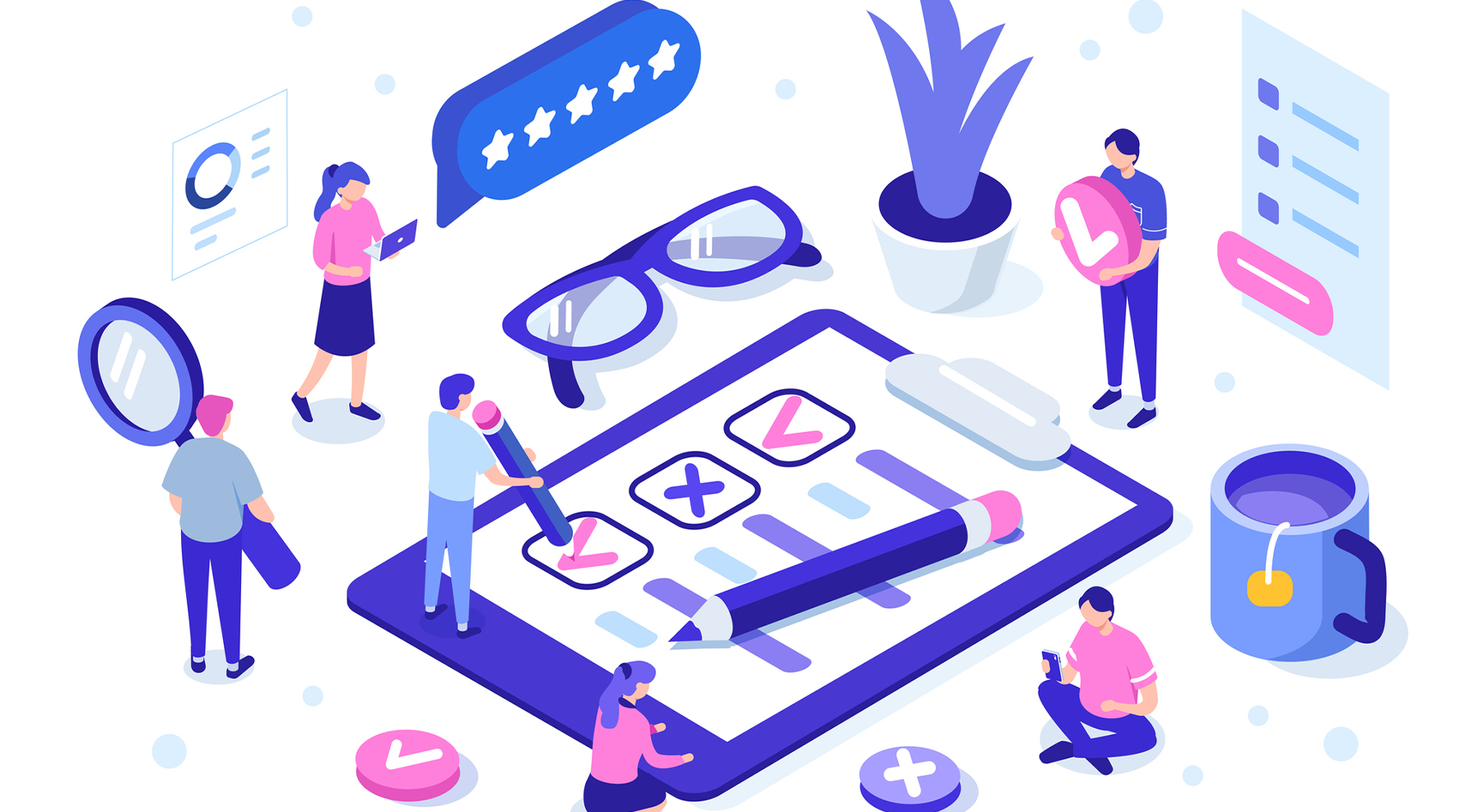 Five animated humans with large scale items that are related to taking a survey, like a giant checklist and checkmarks