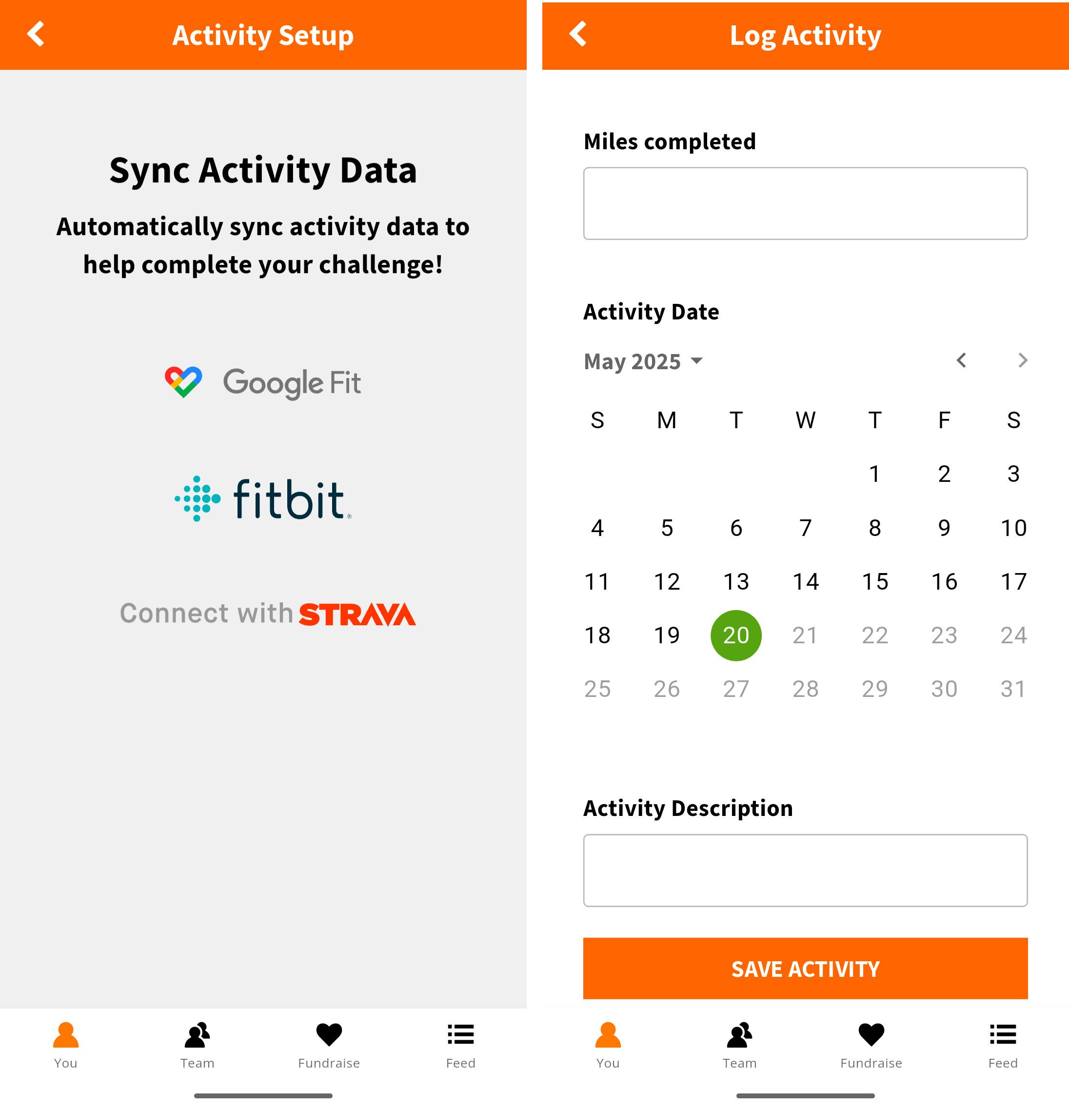 Screens on the DonorDrive app titled "Activity Setup" and "Log Activity."