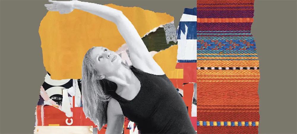 A black-and-white photo of Clarissa Hernandez-Hidalgo stretching with a colorful, patterned background