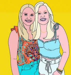 A colorful illustration of two young, blonde women smiling at the camera.