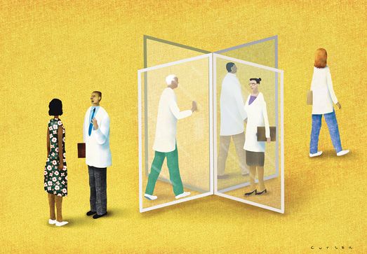 An illustration of a woman meeting with doctors, who are moving through revolving doors