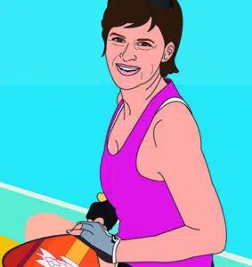 An illustration of a woman wearing athletic gear, holding a pickleball paddle.