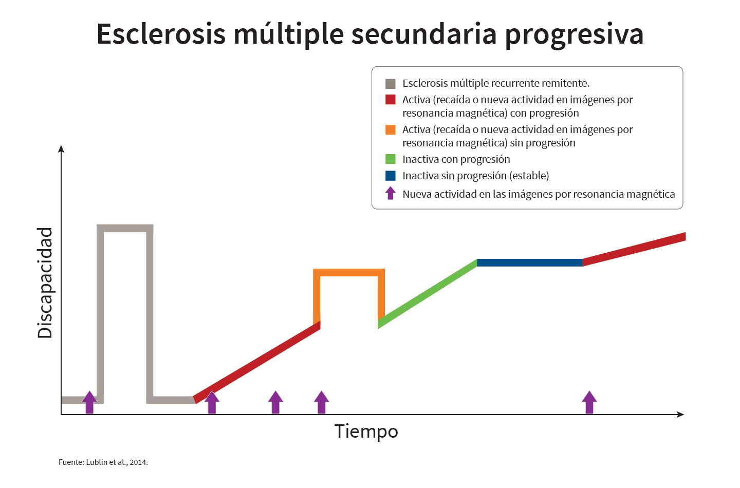 Gráfico multicolor de líneas como ejemplo del curso de la esclerosis múltiple secundaria progresiva.