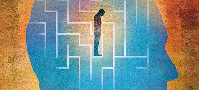 An illustration depicting someone lost inside a maze within their head.