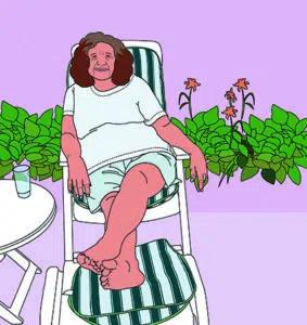An illustration of a woman sitting with her feet up in a garden.