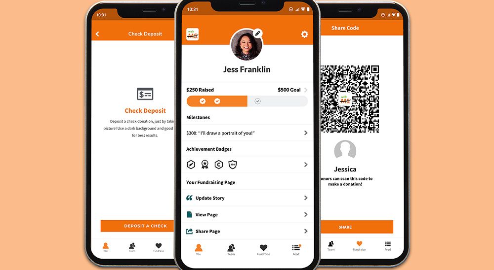 Three smartphone screens overlay each other showing different screens in the DonorDrive app.