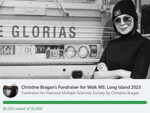 Woman stands in front of a bus and text below shows Christine Bragan has raised $5,255 out of her goal of $5,000 for Walk MS: Long Island 2023.
