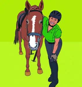 An illustration of a woman posing next to a horse.